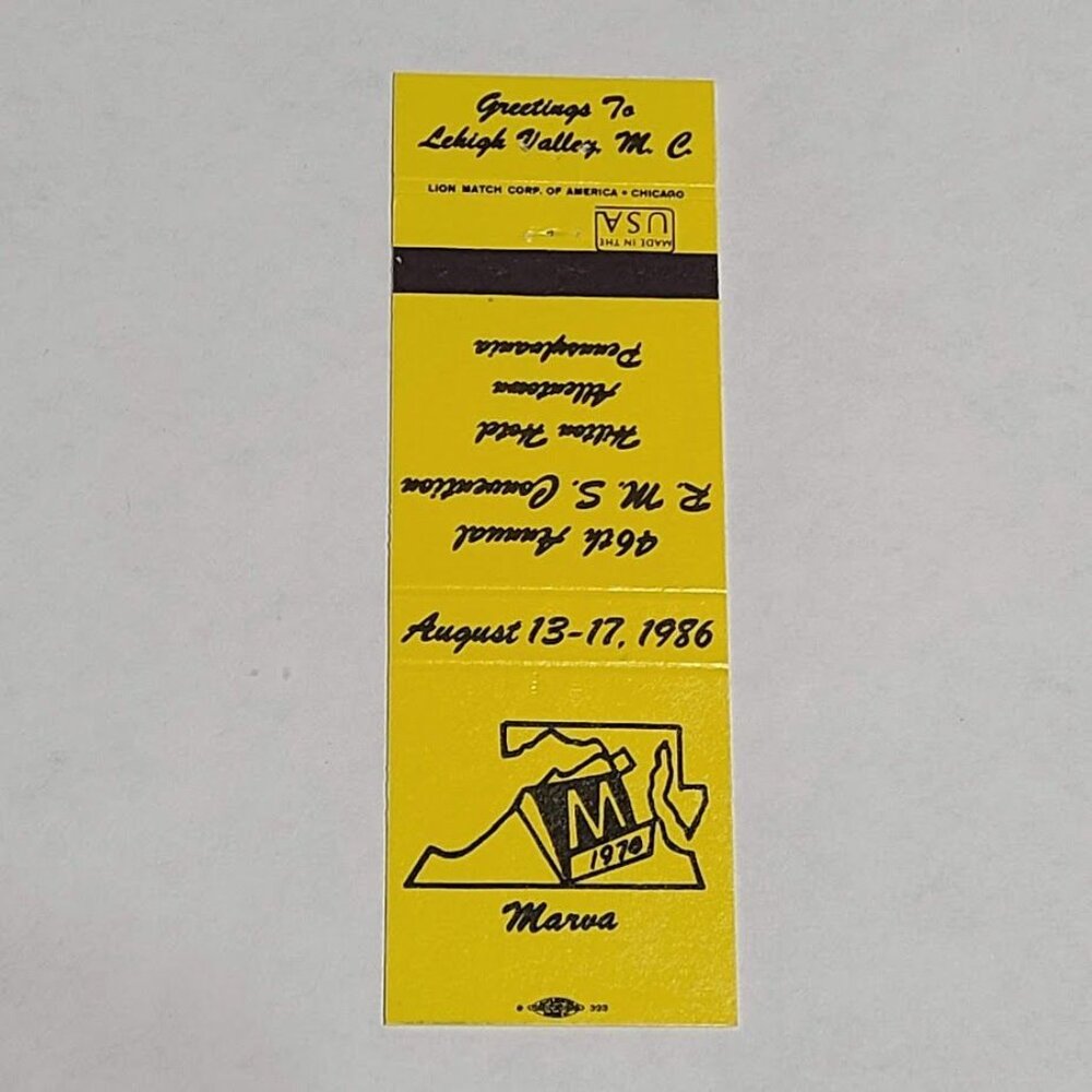 Vintage Matchbook Cover Marva MC RMS 1986 Lehigh Valley PA Convention Yellow - Picture 3 of 4